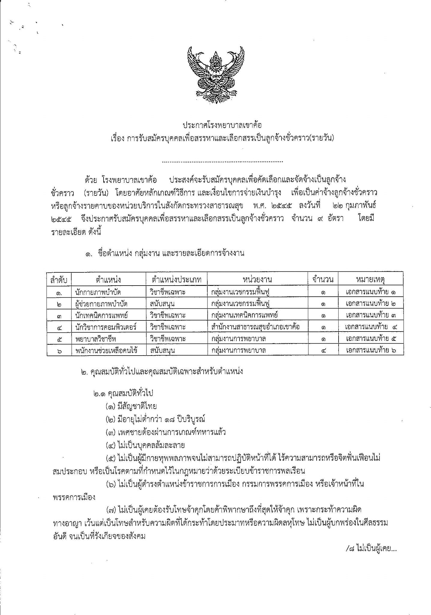 ประกาศโรงพยาบาลเขาค้อ เรื่องรับสมัครบุคคลเพื่อสรรหาและเลือกสรรเป็นลูกจ้างชั่วคราว(รายวัน) 1.นักกายภาพบำบัด จำนาน 1 อัตรา 2.ผู้ช่วยกายภาพบำบัด จำนวน 1 อัตรา 3.นักเทคนิคการแพทย์ จำนวน 1 อัตรา 4.นักวิชาการคอมพิวเตอร์ จำนวน 1 อัตรา 5.พยาบาลวิชาชีพ จำนวน 1 อัตรา 6.พนักงานช่วยเหลือคนไข้ จำนวน 4 อัตรา