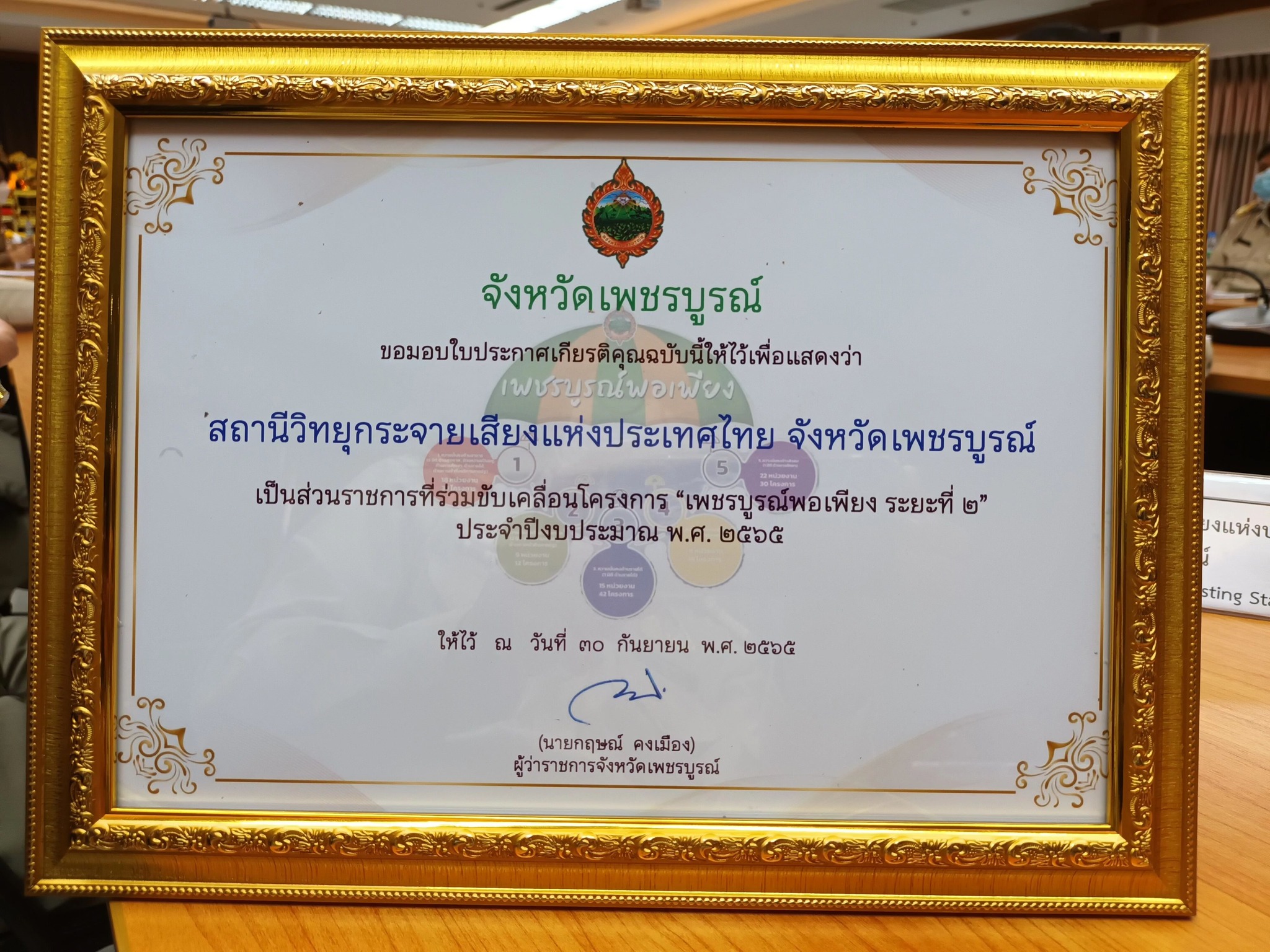 วันที่ 28 พ.ย.65 เวลา 09.30 น. นายกฤษณ์ คงเมือง ผู้ว่าราชการจังหวัดเพชรบูรณ์ มอบใบประกาศเกียรติคุณ แก่ส่วนราชการที่ร่วมดำเนินการและขับเคลื่อนโครงการ"เพชรบูรณ์พอเพียง ระยะที่ 2" ประจำปีงบประมาณ พ.ศ.2565  สถานีวิทยุกระจายเสียงแห่งประเทศไทย จังหวัดเพชรบูรณ์ได้เข้ารับมอบรางวัลดังกล่าว ณ ห้องเมืองราด ชั้น5 ศาลากลางจังหวัดเพชรบูรณ์(อาคาร2) โดยมี นายธวัชชัย ชมภูเพชร นายช่างไฟฟ้าอาวุโส (ร.ผอ.สวท.เพชรบูรณ์)เข้ารับมอบรางวัลเกียรติคุณในครั้งนี้ /"กินอิ่ม นอนอุ่น ทุนดี ชีวีพร้อม น้อมพัฒนา" ขับเคลื่อนกิจกรรม